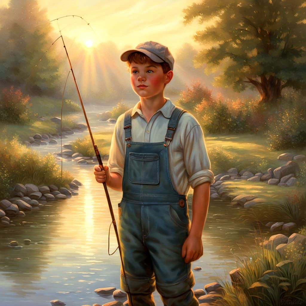 Whimsical Boy Fishes in a Misty Creek Landscape