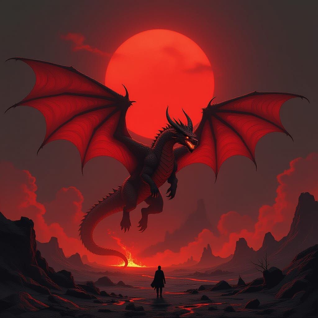 Majestic Red Dragon Soaring Over Hellscape