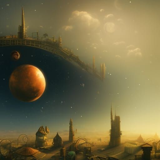 Fox Gazing at Starry Nebula in Steampunk City
