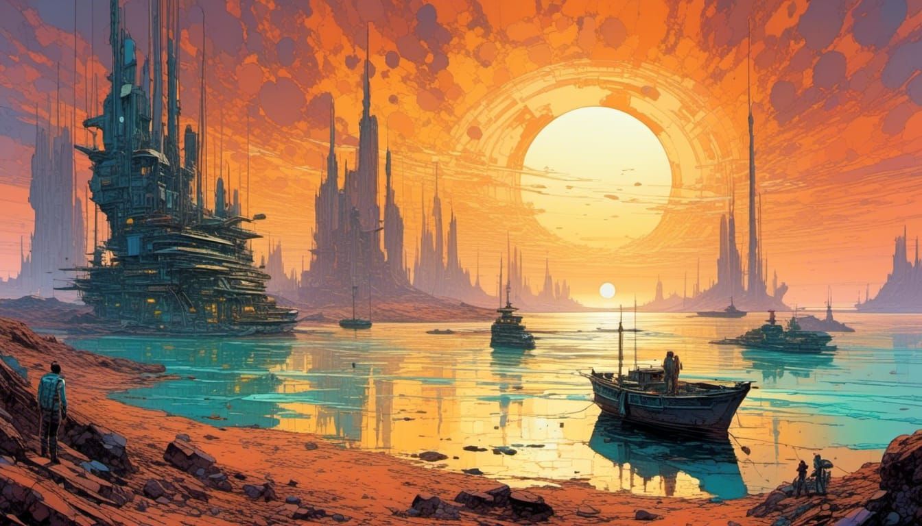 Dhow Sailing to Island in Sci-Fi Bioluminescent Sea