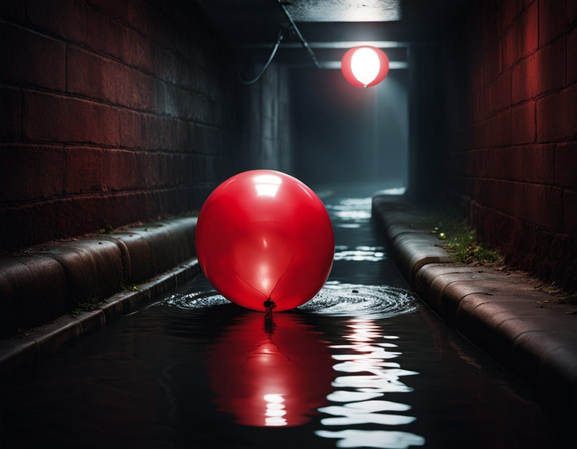 Red Balloon in Ominous Sewer: Hyperrealistic Horror