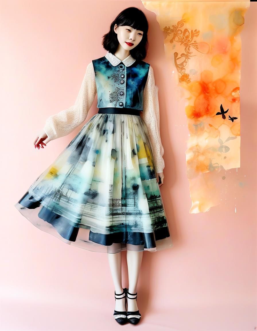 Mongolian Woman by River in Grungy Mixed Media