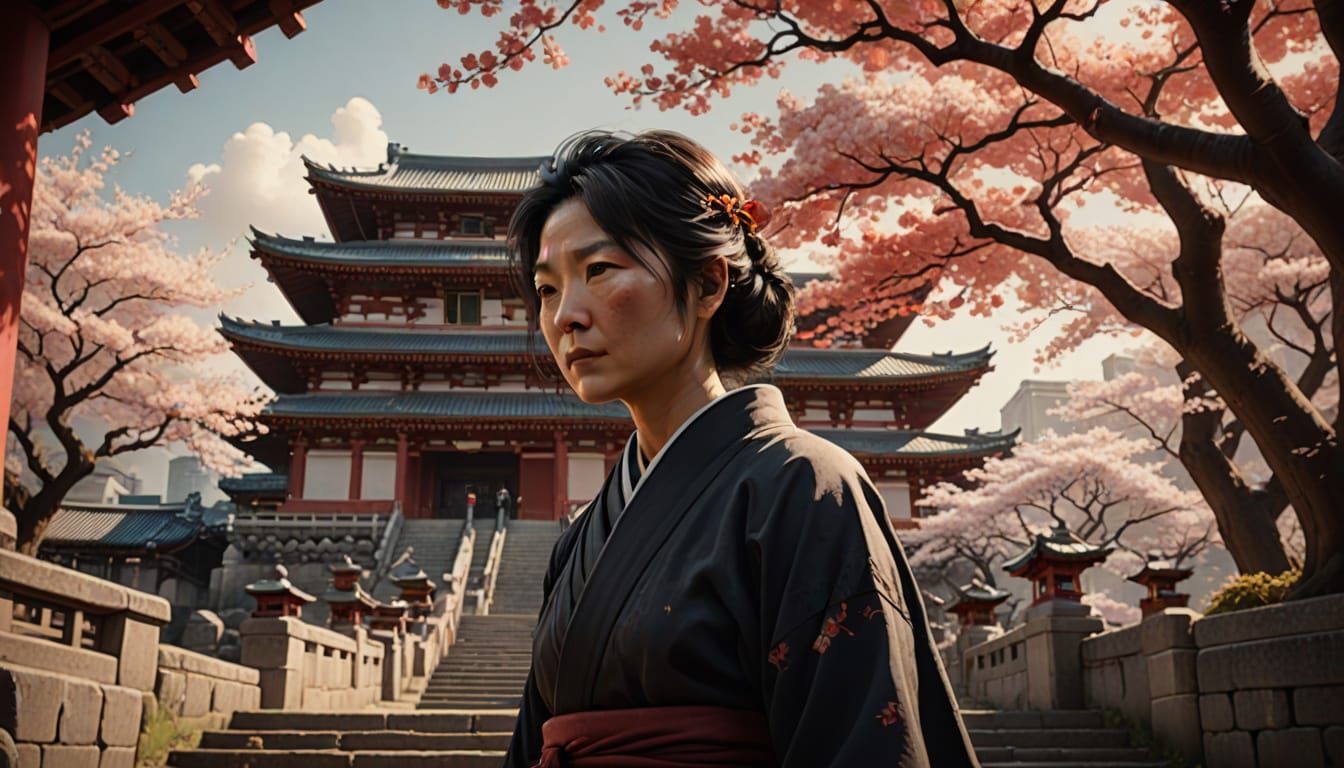 Hōjō Masako at Twilight Temple: Ink Wash Style