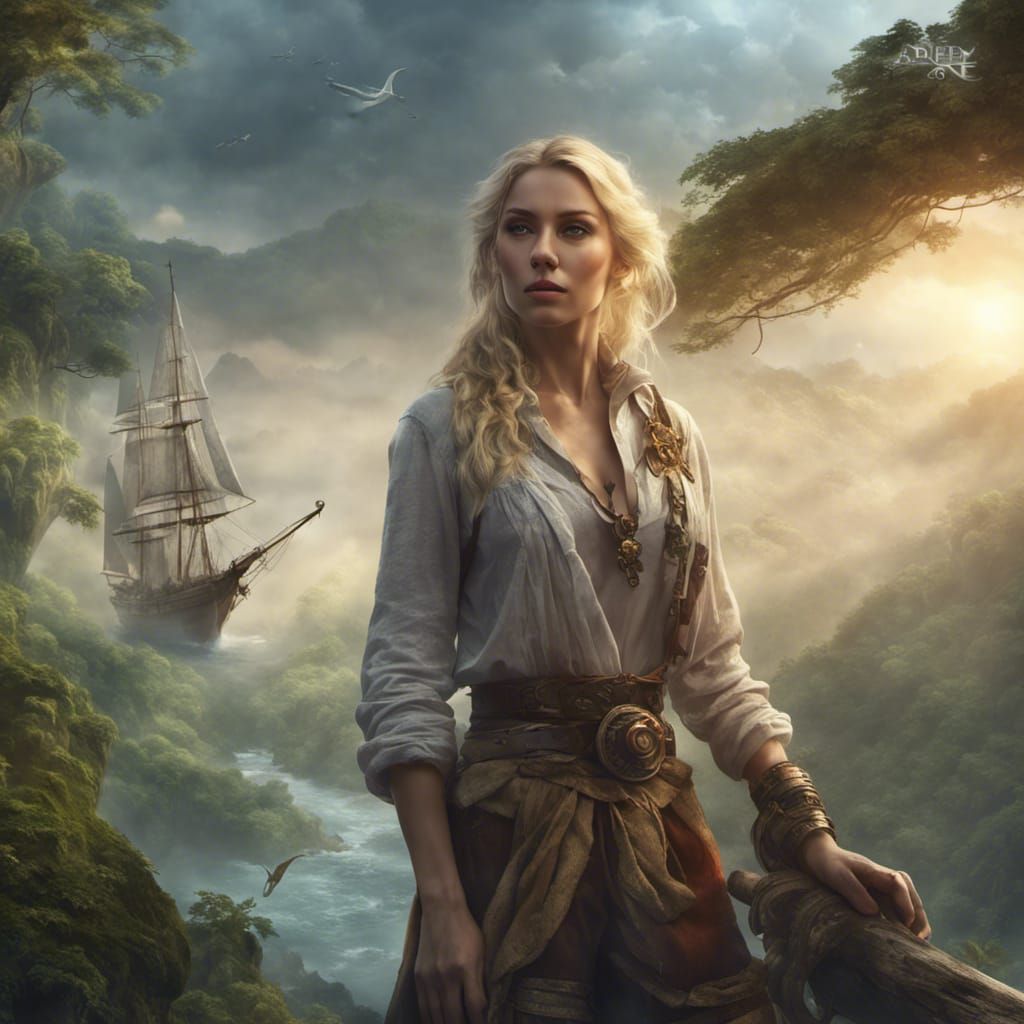 Fantasy Archeologist Overlooking Wind Rigger Ship