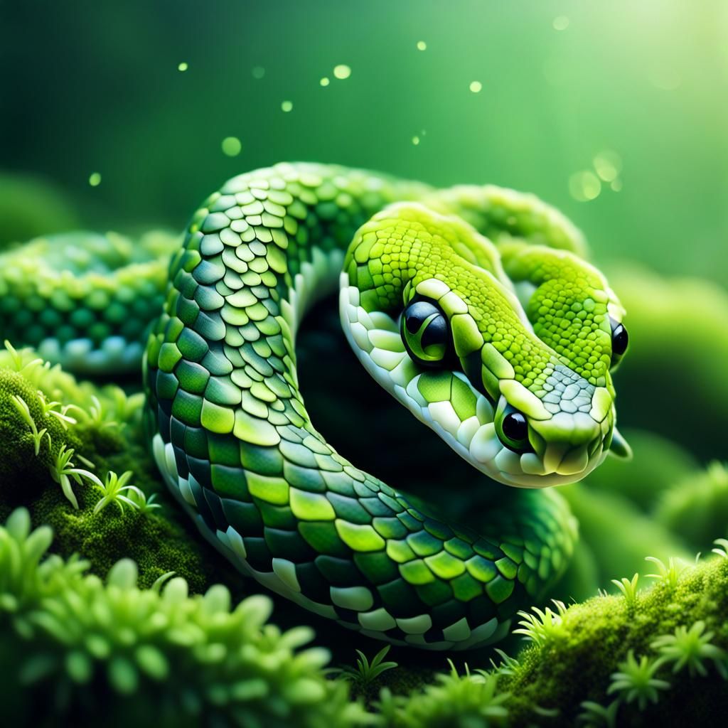 Adorable Moss Snake Portrait in Digital Illustration