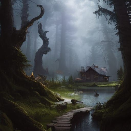 Cottagecore Cottage in Forest: Detailed Matte Painting