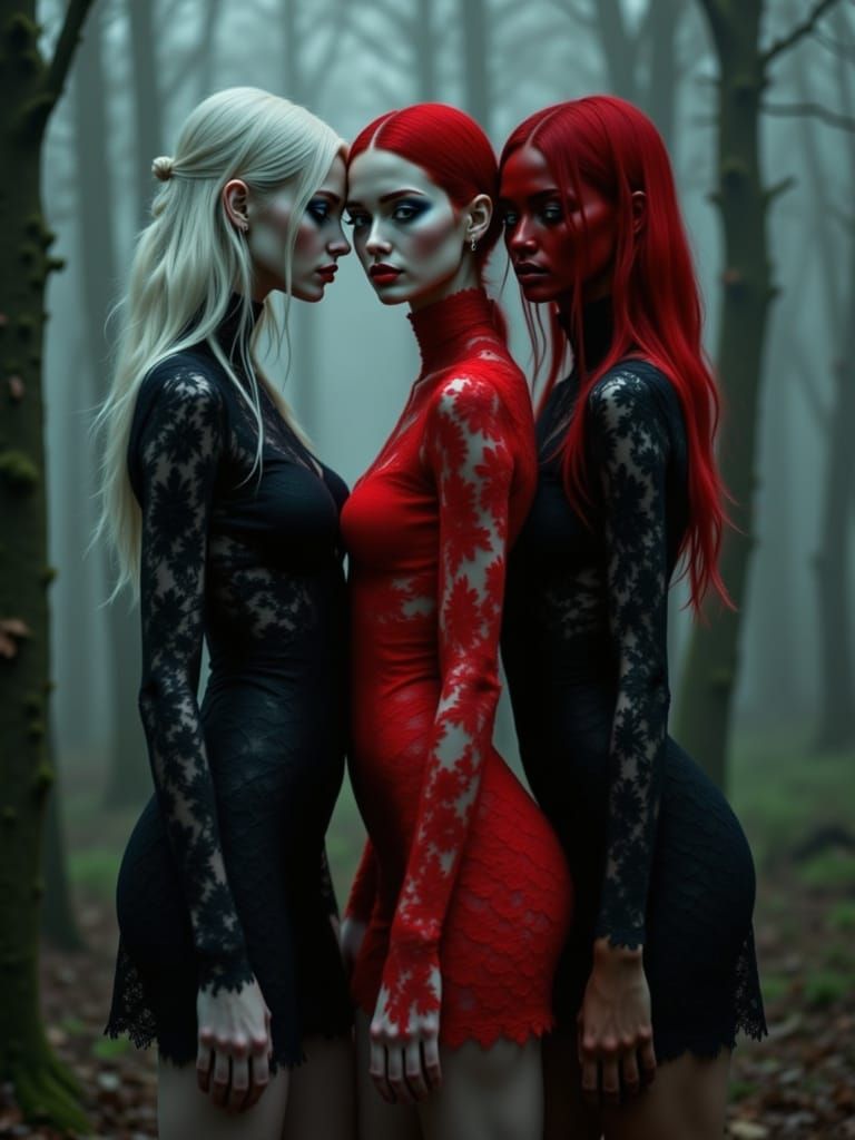 Eerie Fashion Shoot: Three Women in Red and Black in Misty W...