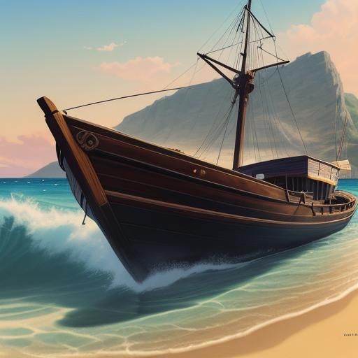 Serene Sea: Anime-Style Boat on Sandy Shore