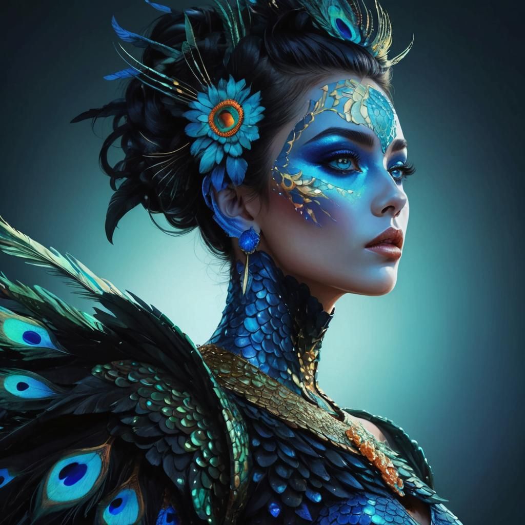 Dragon Woman with Peacock Hair in Pop Art Style