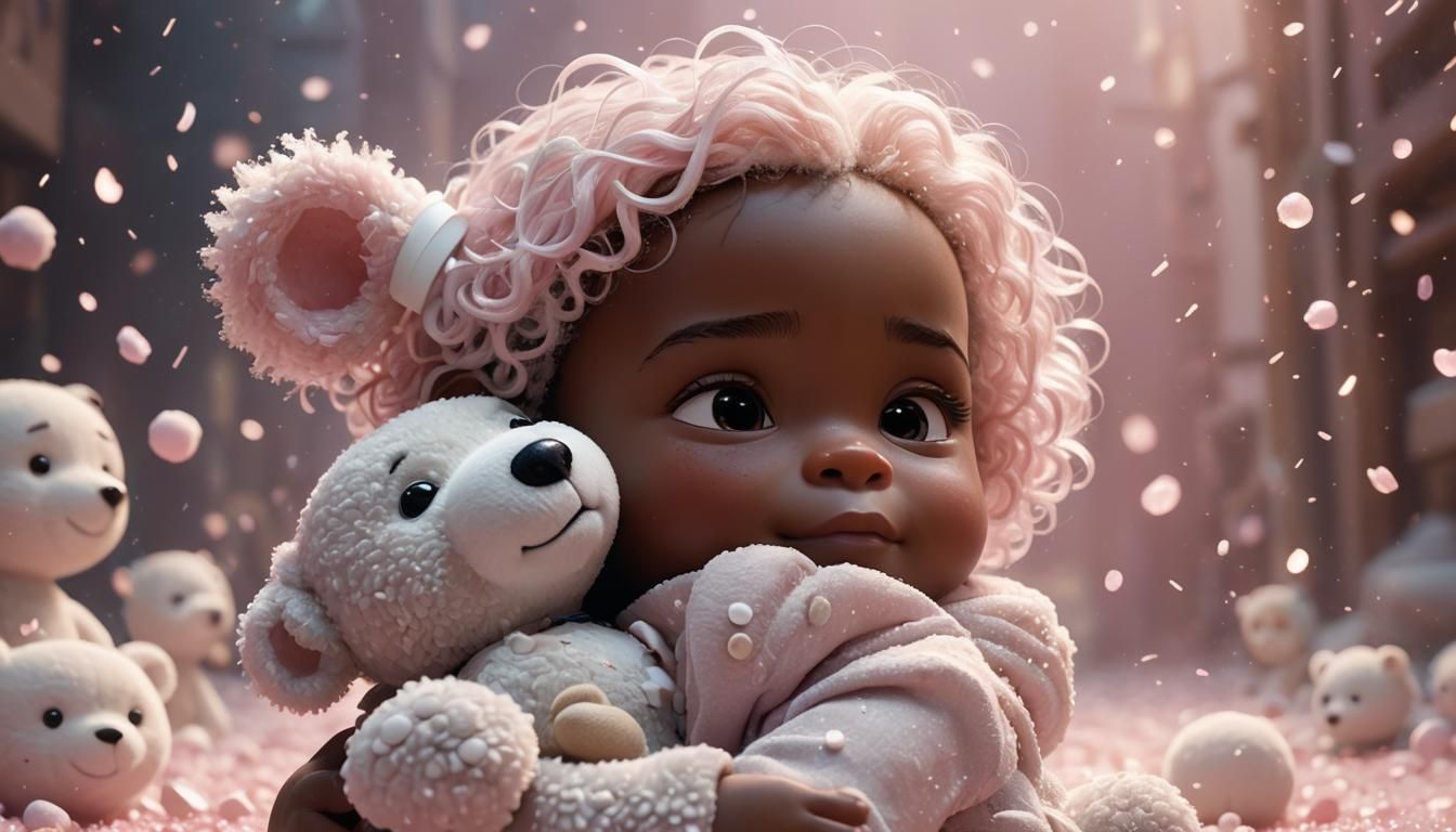 Baby Hugs Teddy Bear in Pixar 3D Cartoon Style