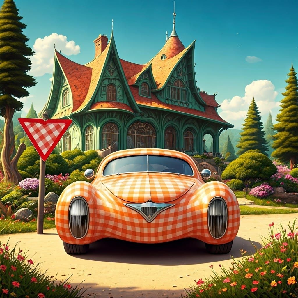 Gingham Dreamscape in Futuristic Art Nouveau Style