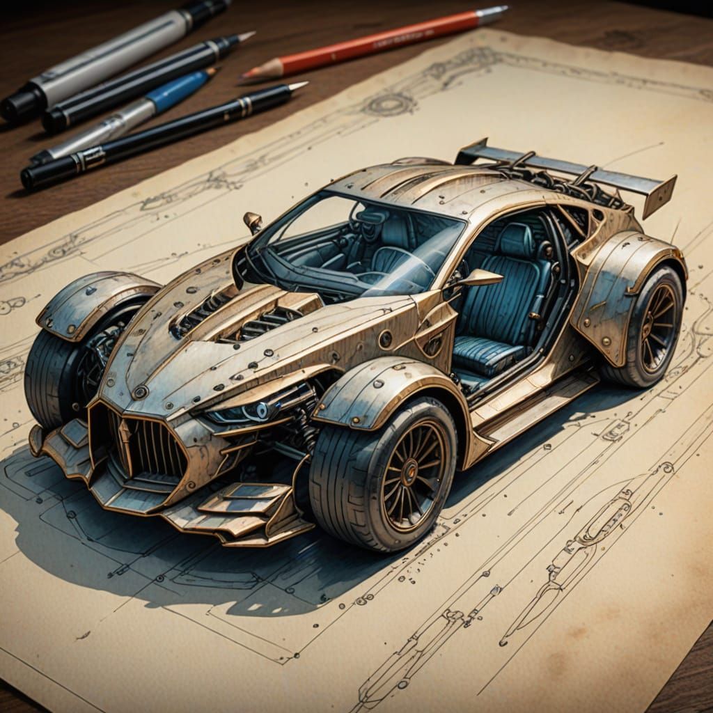 Intricate Futuristic Car Technical Schematic Sketch