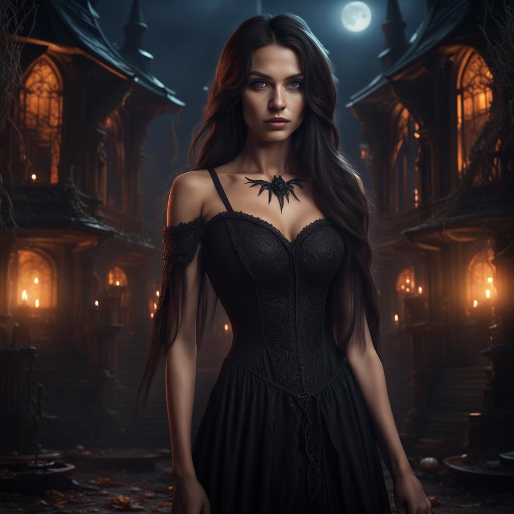 Young Witch in Black Dress, Detailed Matte Painting