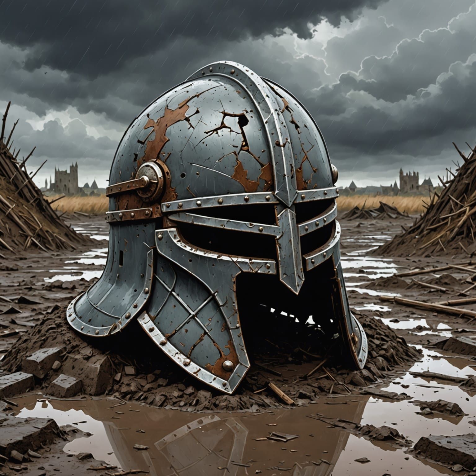 Medieval Helmet in Mud, Comic Book Art