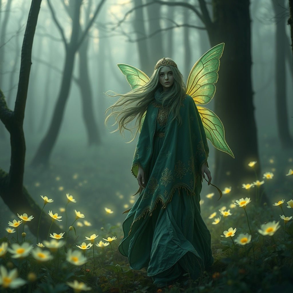 Enchanted Celtic Maiden in Fluorescent Forest