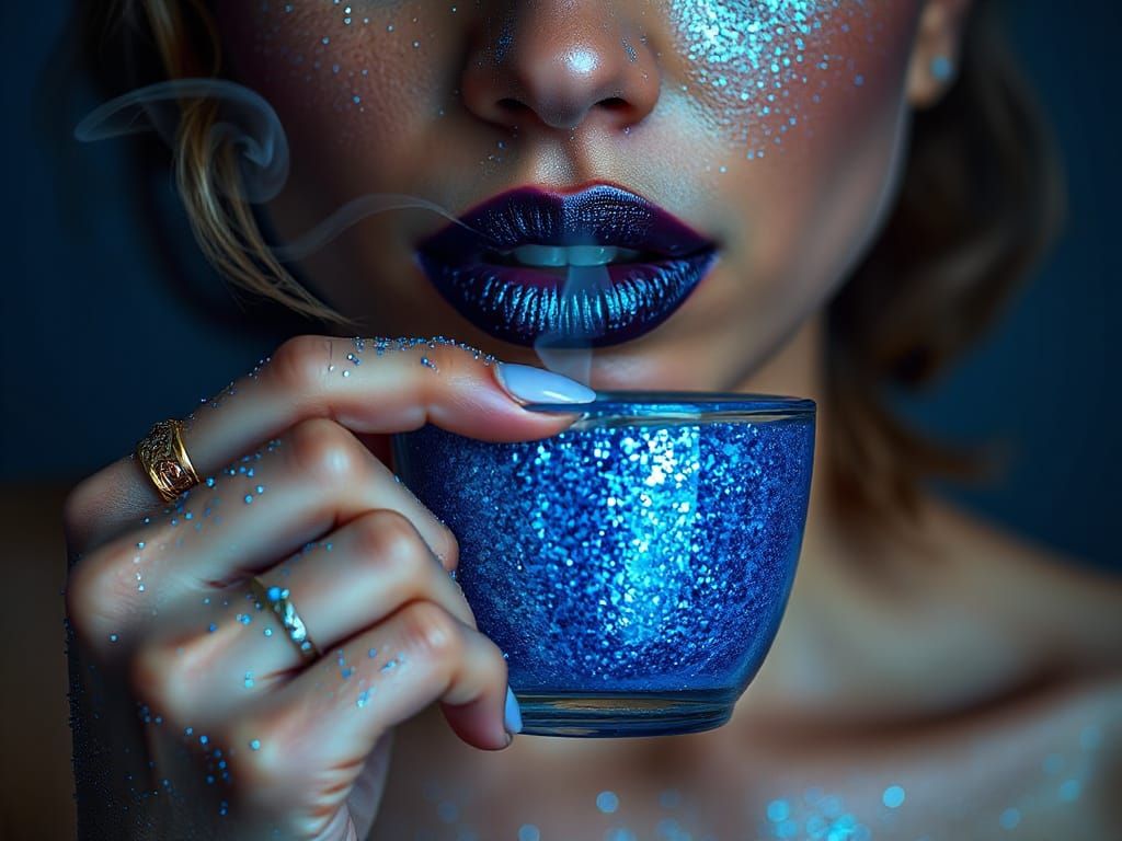 Glowing Blue Goddess Sips Cosmic Nectar