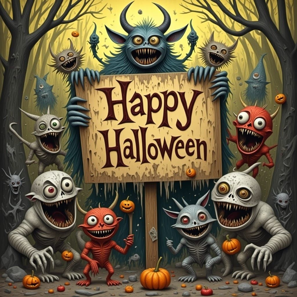 Halloween Monsters Gather Around Sign