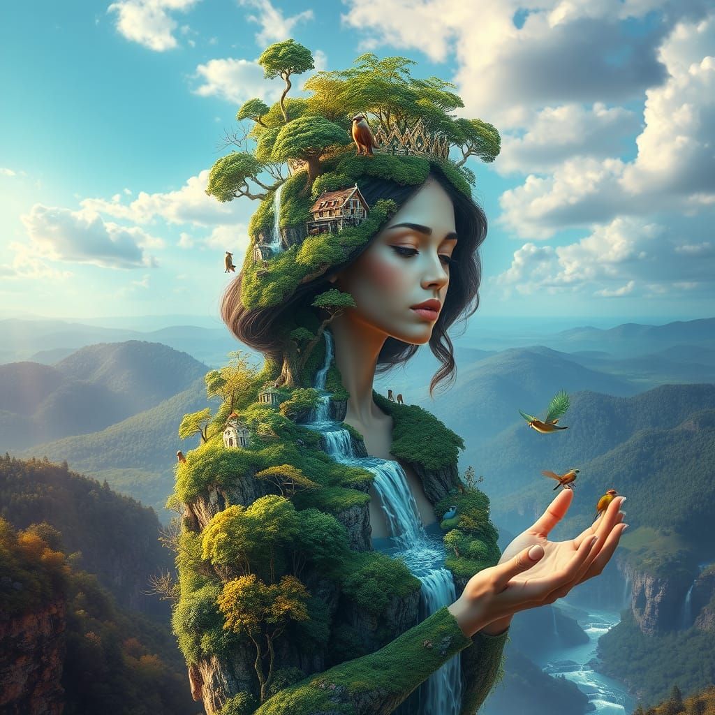Surreal Goddess of Nature Unites Forests and Waterfalls