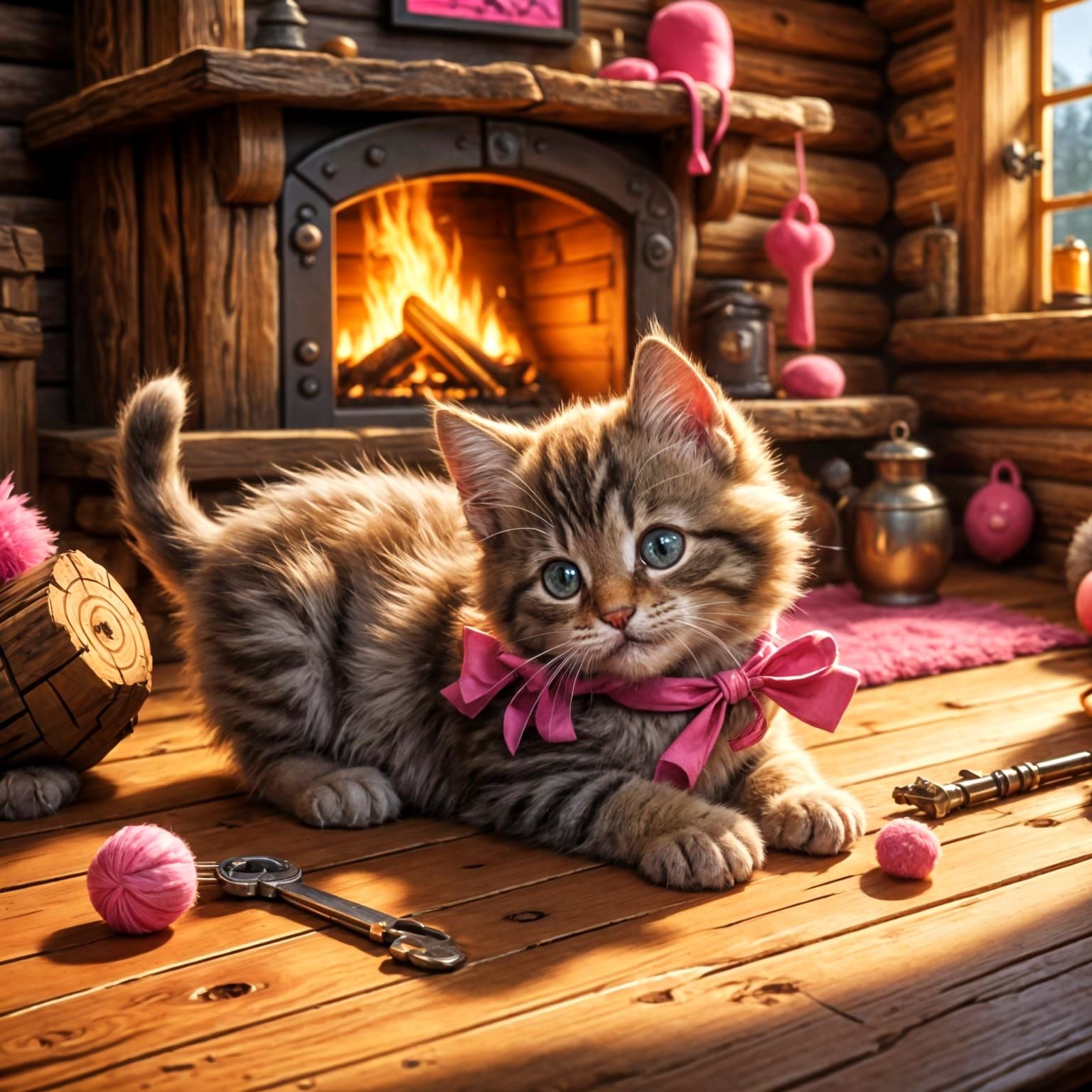 Fluffy Tabby Kitten Plays with Key Toy in Cozy Log Cabin