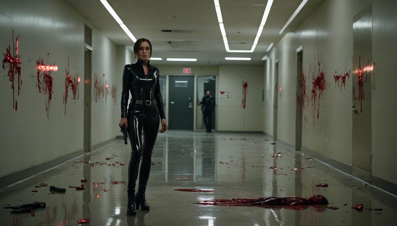 Fierce Hitwoman in Latex: Cinematic Film Still
