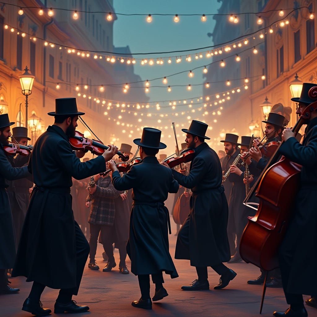 Joyful Hasidic Dance in a Vibrant Town Square