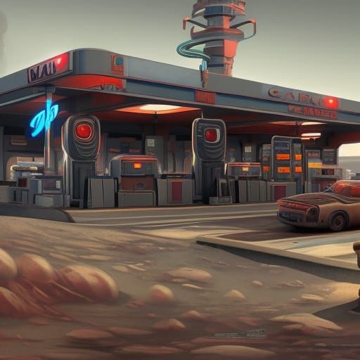 Retro Gas Station on Mars, Detailed Matte Painting