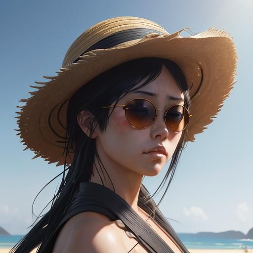 Female Samurai with Straw Hat on Beach