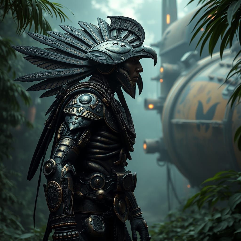 Cyberpunk Aztec Warrior in Jungle Sci-Fi Scene