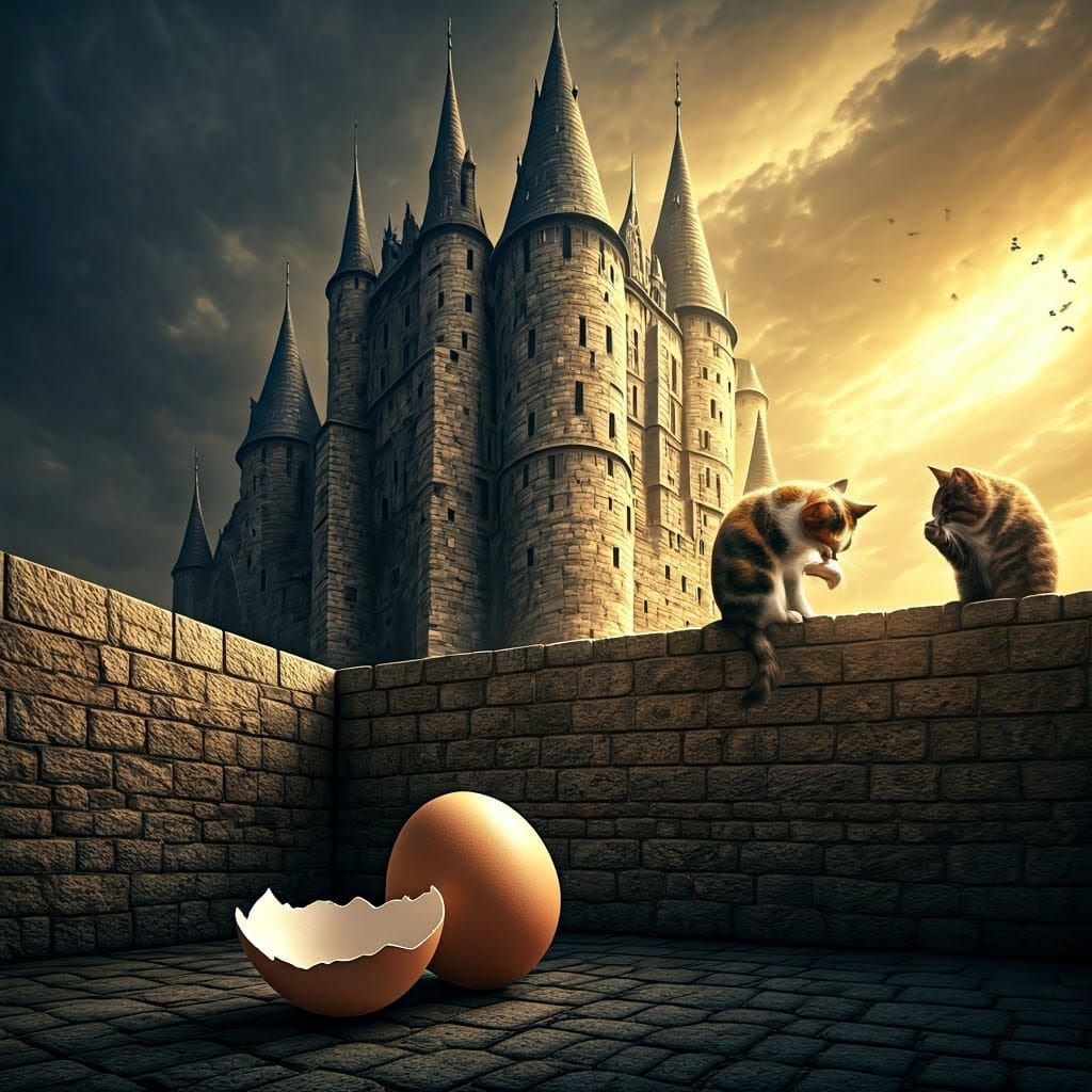 Calico Cat in Stormy Medieval Castle Scene