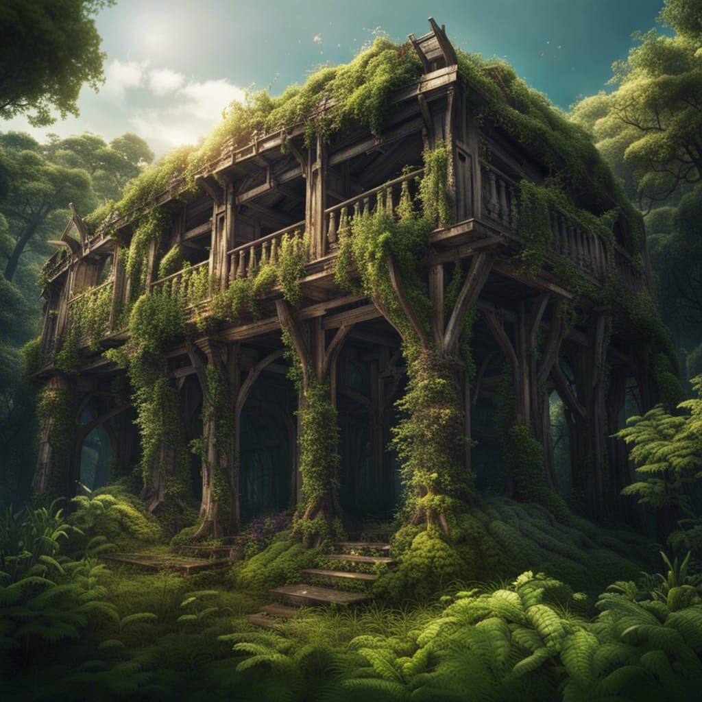 Overgrown Wooden Structure: Epic Digital Matte Painting
