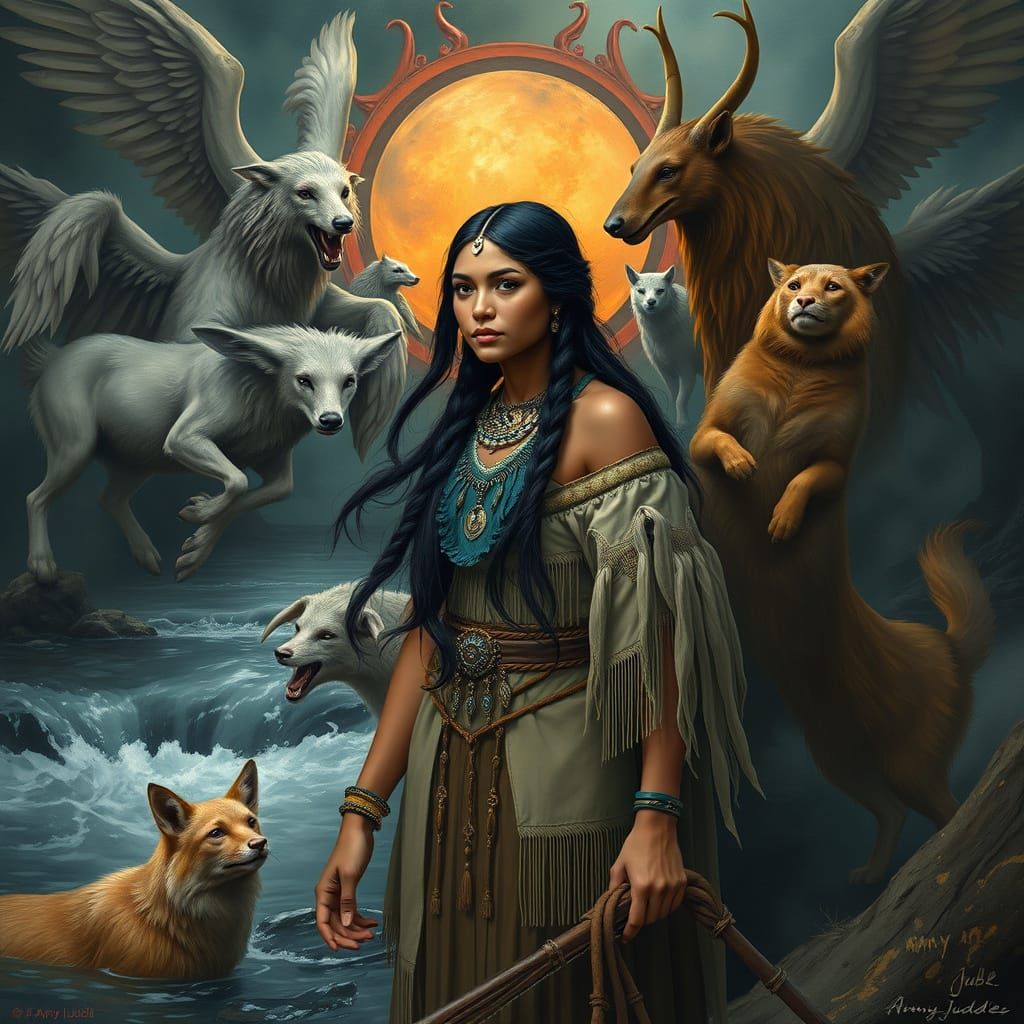 Pocahontas and Animal Spirits in Hyperrealistic Style