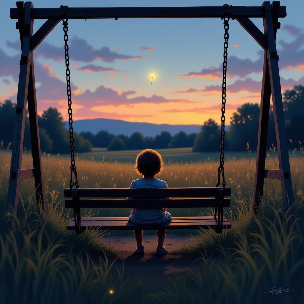 Child Contemplates Firefly in Vast Meadow at Dusk