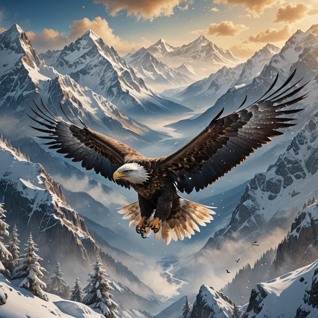 Majestic Eagle Soaring Over Snow-Capped Mountains