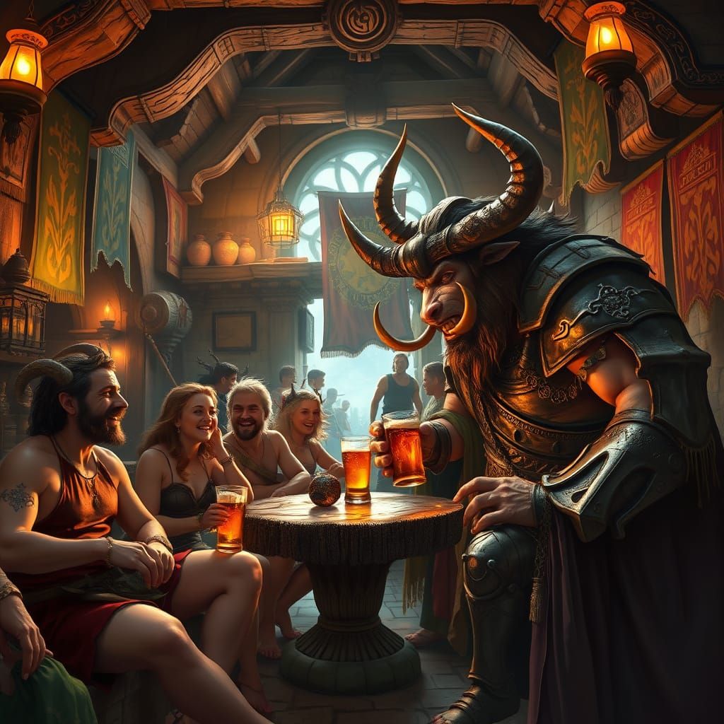 Mythical Tavern Scene with Satyrs and Minotaur