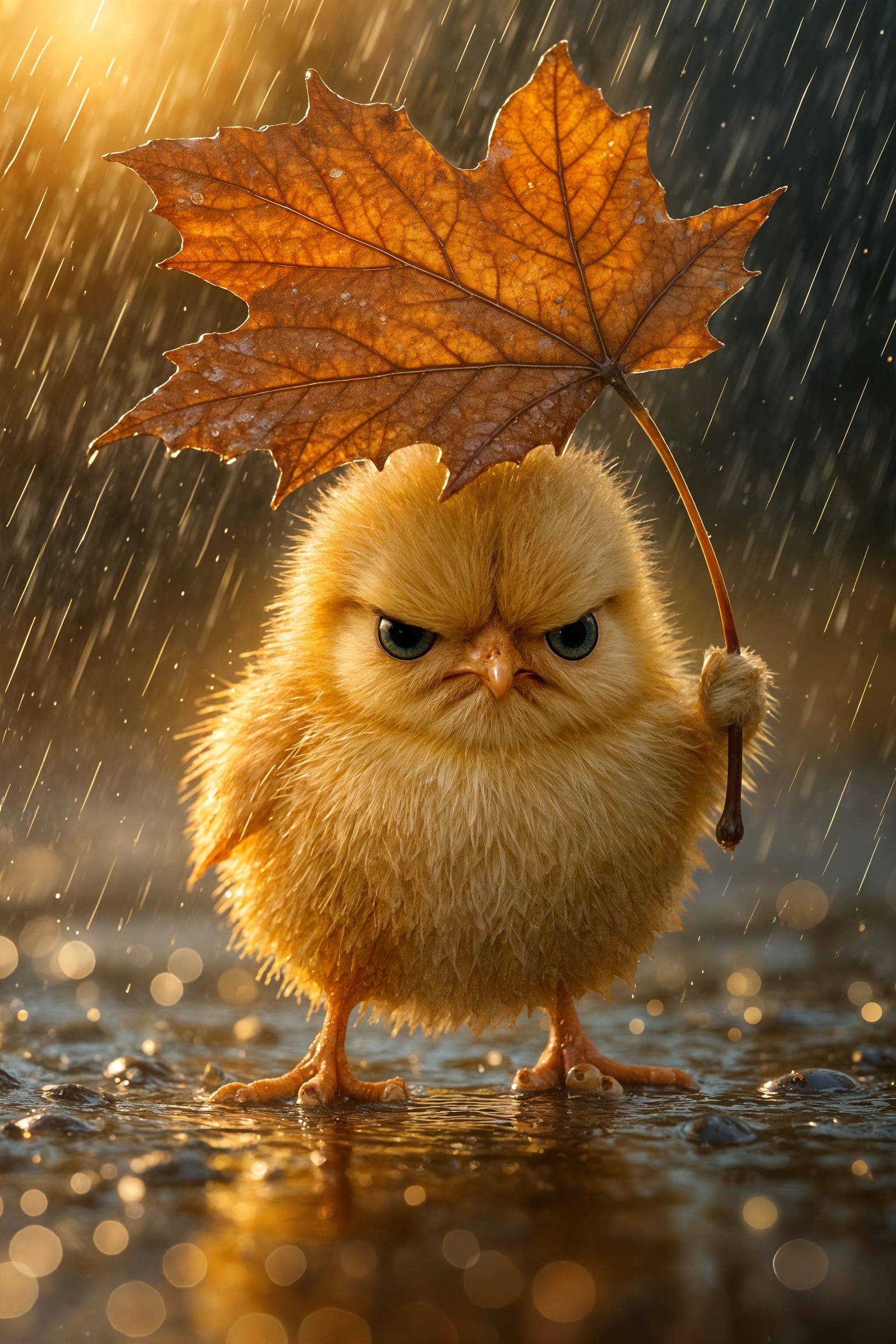 Whimsical Grumpy Chick Sheltering From Rain
