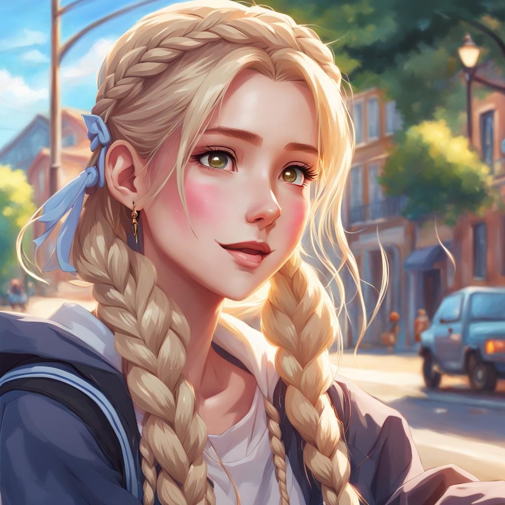 Anime Girl with Blonde Braids in Park, Digital Art