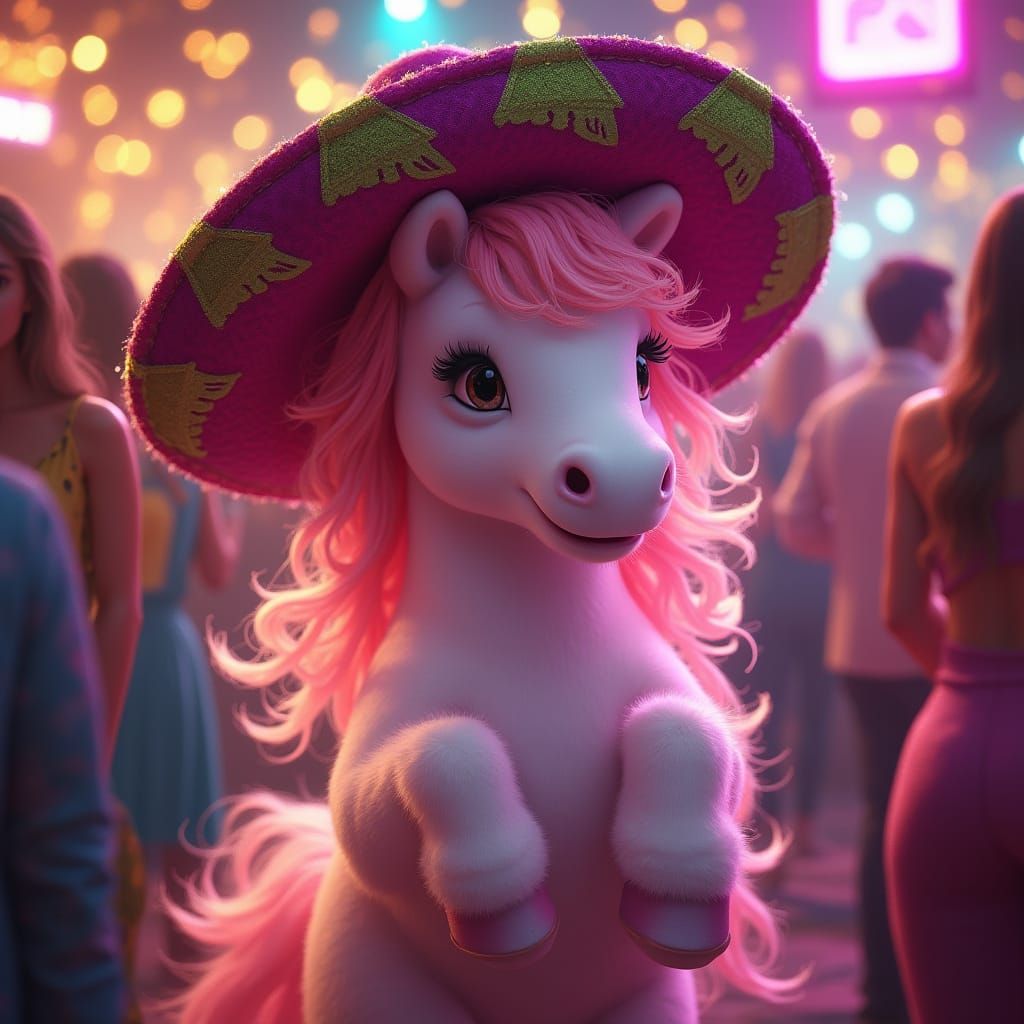 Surreal Pink Pony in Vibrant Sombrero, Dancing in Lively Clu...