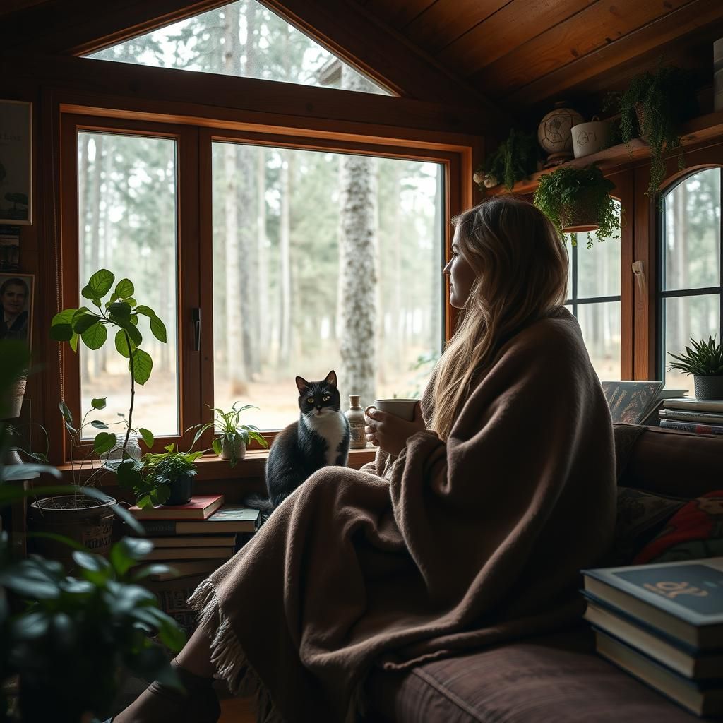 Cozy Cabin Scene with Woman, Cat, and Books