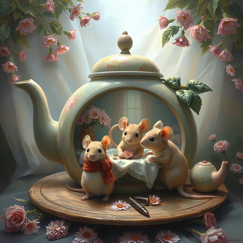 Mice Family Life in Teapot, Ethereal Fantasy