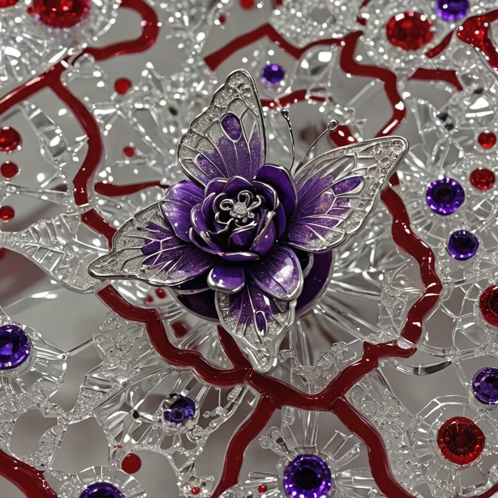 Crystal Butterfly on Frozen Glass Rose, Glass Art