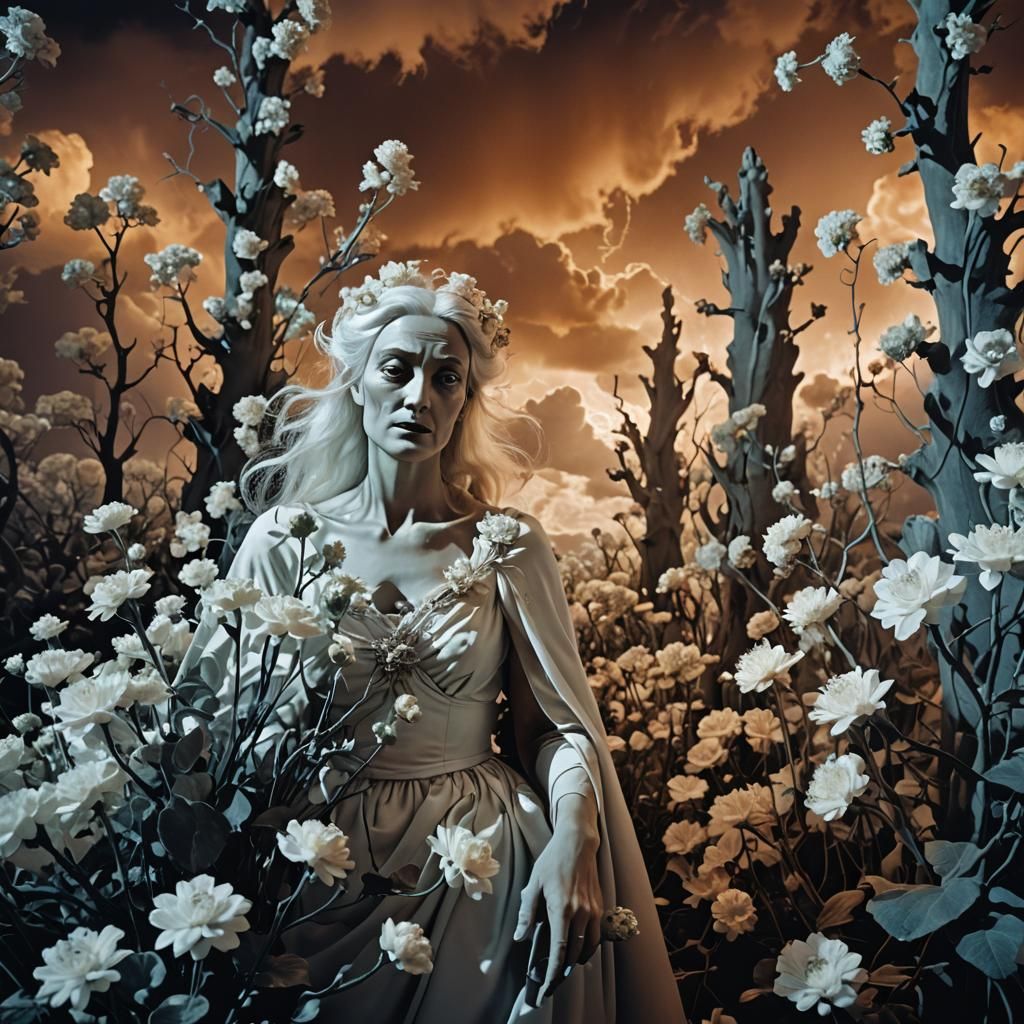 Surreal Fairy in Ghostly Floral Dreamscape