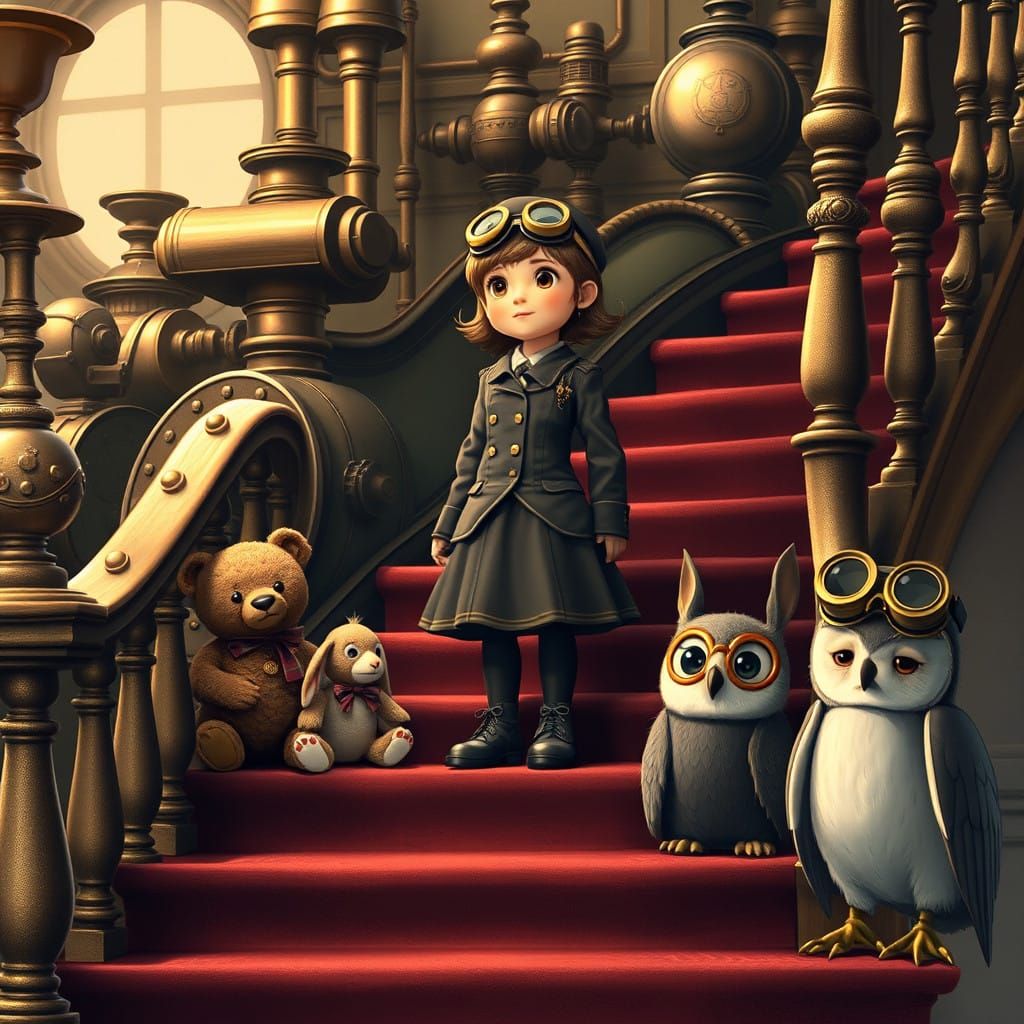 Whimsical Steampunk School Scene with Stuffed Animals