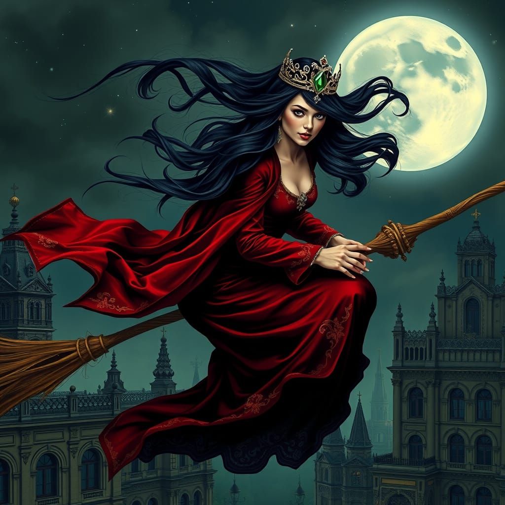 Elegant Witch Soars Over Moscow in Medieval Gown