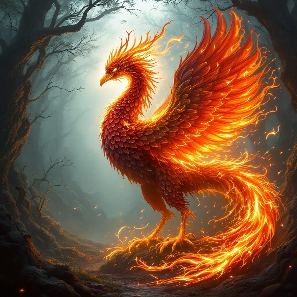 Fiery Phoenix with Peacock Plumage and Dragon Scales