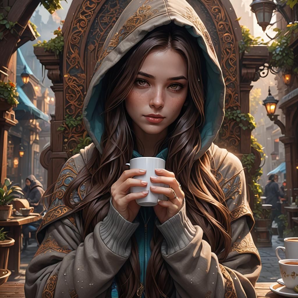 Girl with Hoodie Drinking Coffee: Fantasy Concept Art