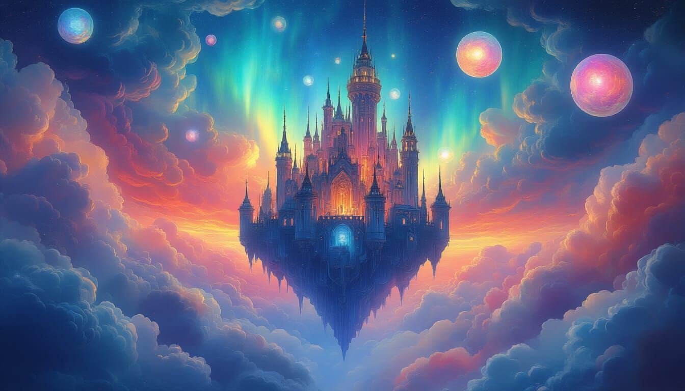 Magical Floating Castle in Psychedelic Clouds