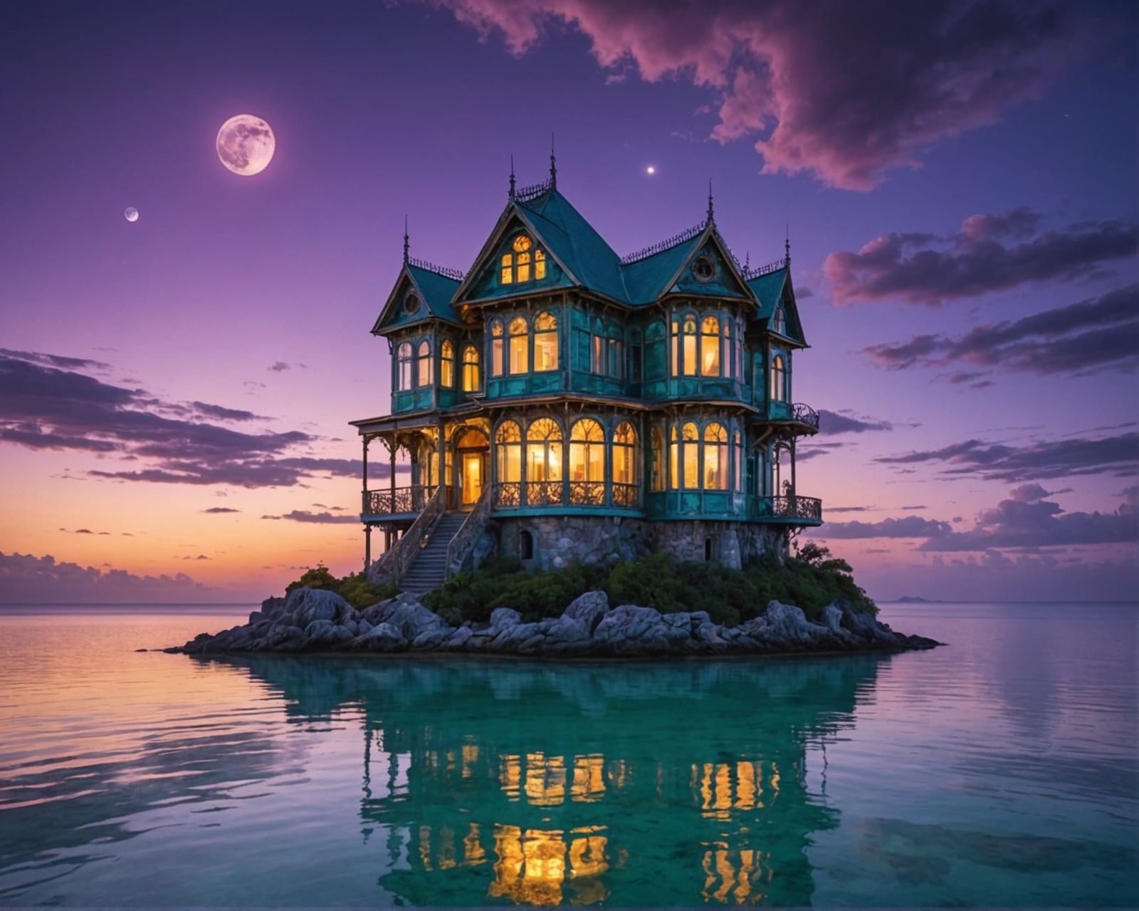 Crystal House on Island at Sunset
