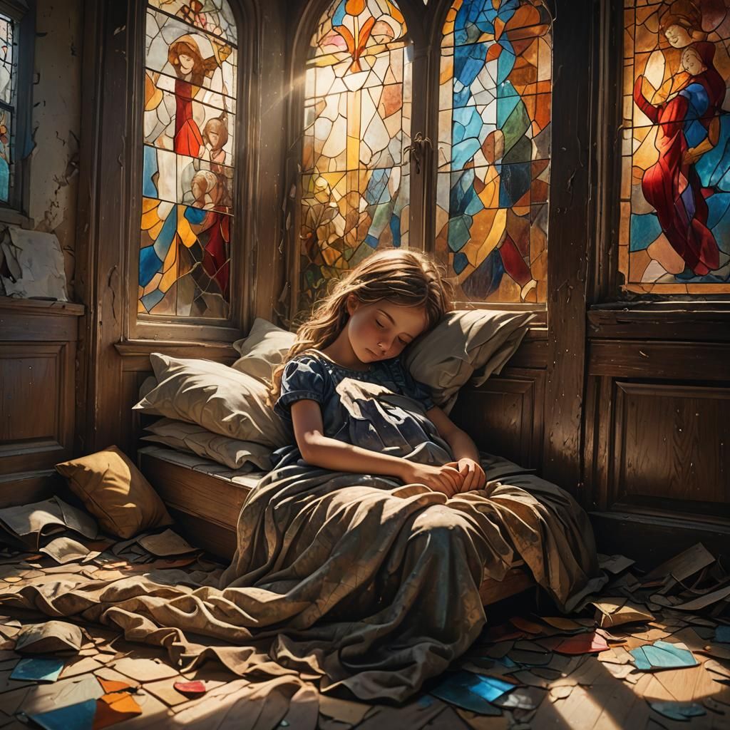 Lonely Girl Asleep in Abandoned House