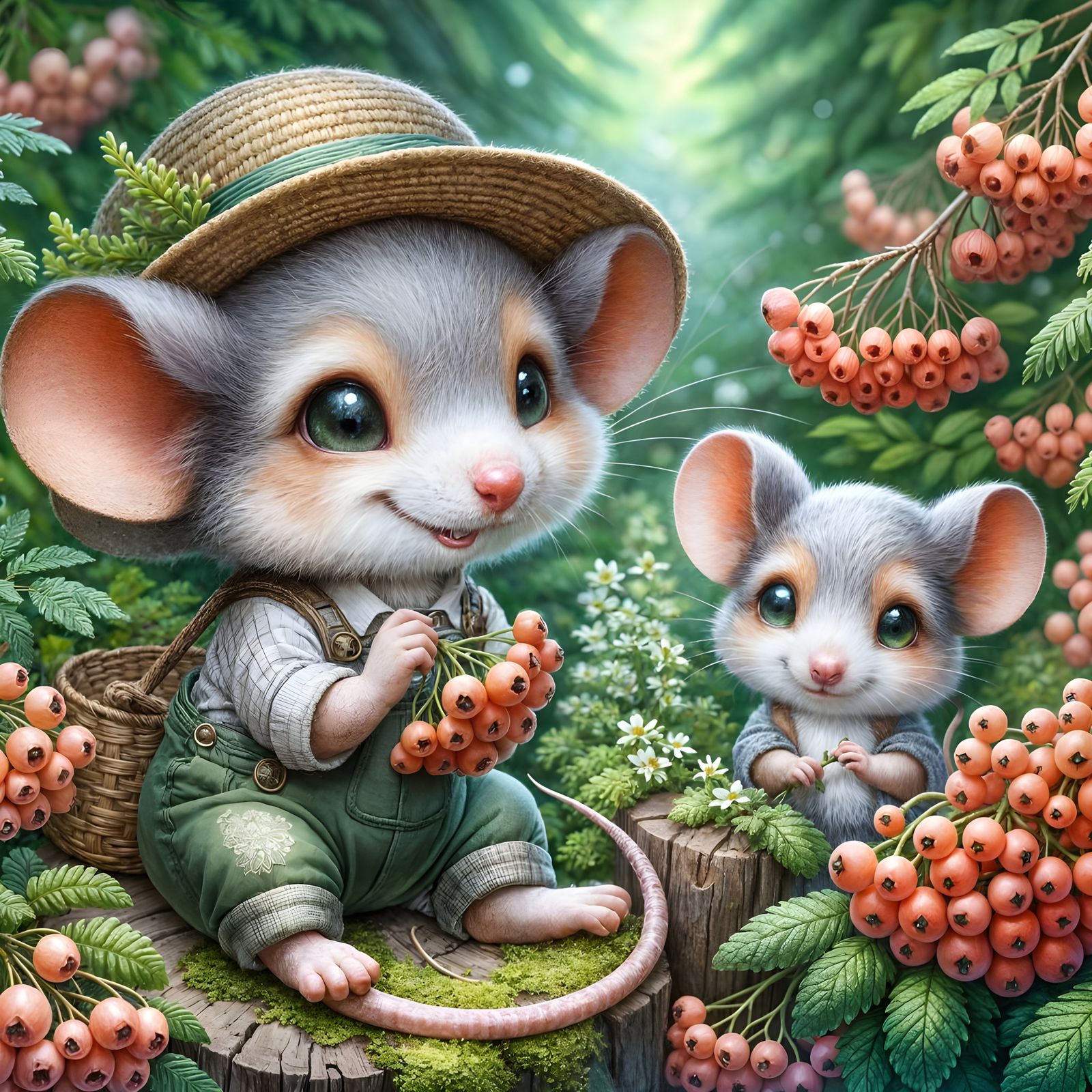 Whimsical Forest Glade with Adorable Mouse and Rowan Flowers