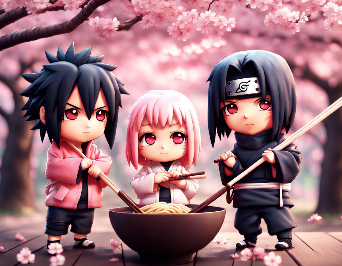 Chibi Naruto, Sakura, and Sasuke Under Cherry Blossoms